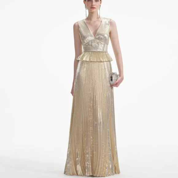 Self-Portrait Gold Metallic V-Neck Maxi Dress - Picture 1 of 10